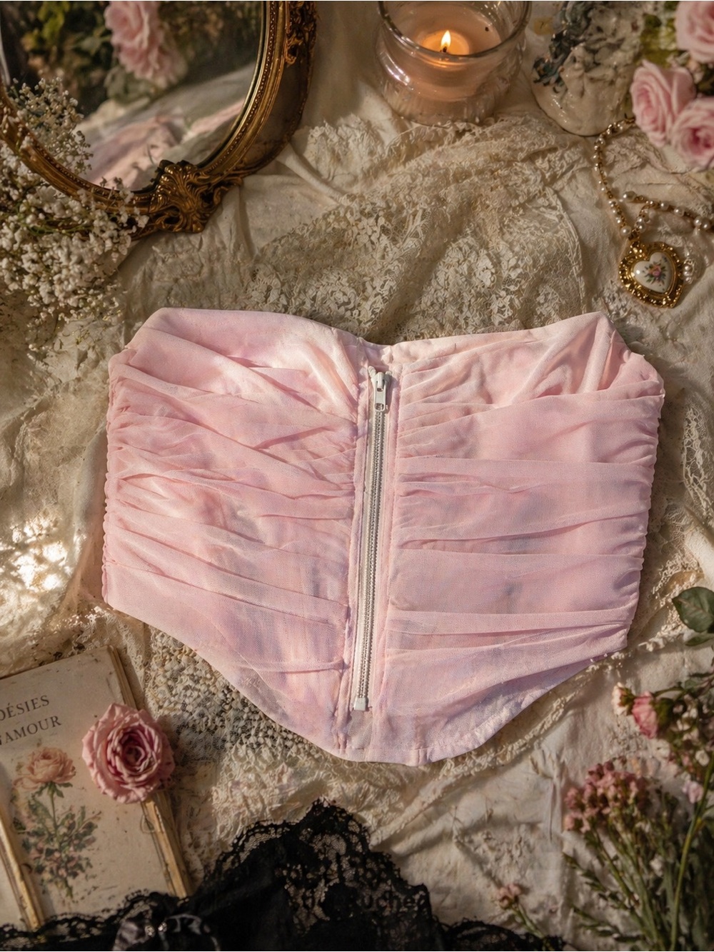 Pink Mesh Corset Top Small Strapless Bustier Ruched Zip Front Y2K Coquette